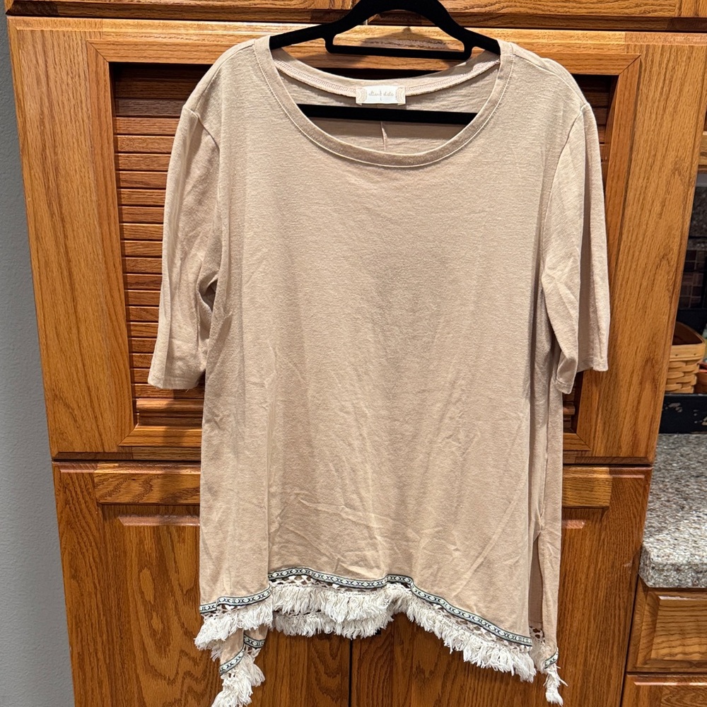 Altar'd State Tan Fringe Hem Short Sleeve Top